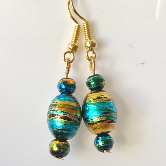 Blue Amber Murano Glass Earrings Bead Hand Painted Round Gold Plated - Picture 1 of 8